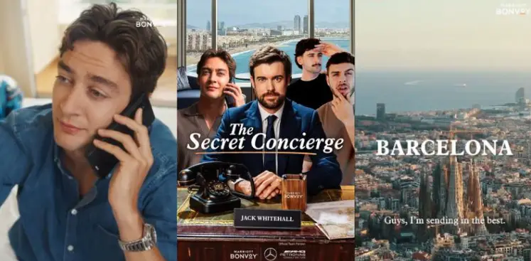 Jack Whitehall entre les logos Marriott Bonvoy et Mercedes F1, symbole de la série The Secret Concierge
