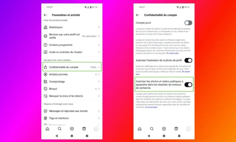 Interface de l’application Instagram montrant l’option de désactivation de l’indexation