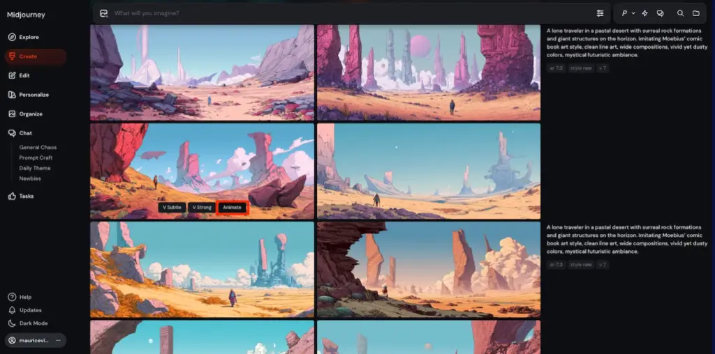 Interface de génération vidéo de Midjourney montrant l’option Animate.