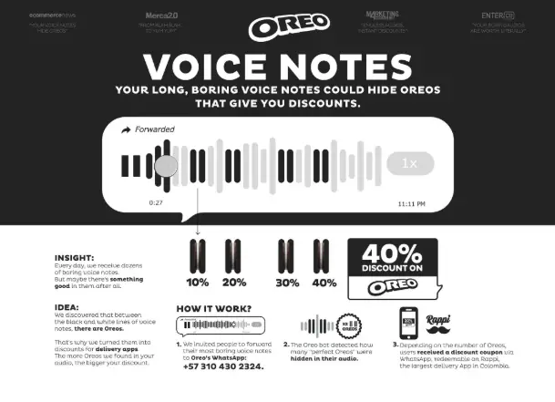 Un écran de smartphone affichant un long vocal WhatsApp avec le logo Oreo