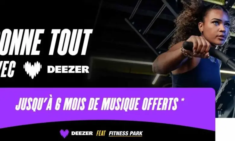 Visuel officiel du partenariat entre Fitness Park et Deezer avec les logos et les offres Deezer Premium offertes