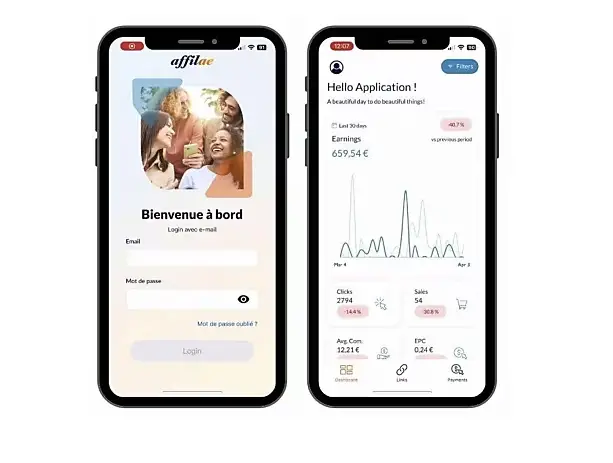 Interface mobile de l’application Affilae utilisée par les Linkeuses pour suivre leurs statistiques et partager des produits