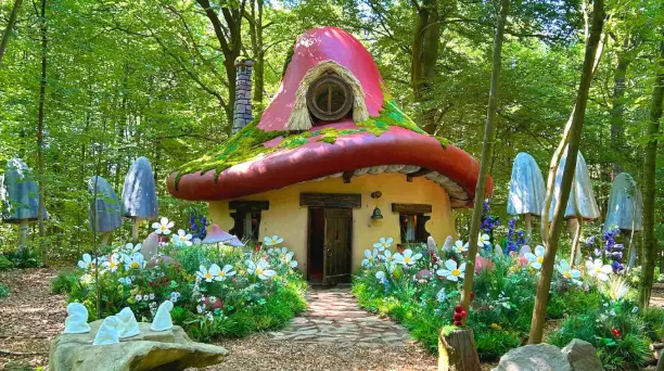 Maison champignon grandeur nature dans la forêt belge pour l’expérience Schtroumpfs d’Airbnb
