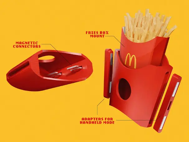 Gros plan sur l’impression 3D du support – Détail du support GamiFries en cours d’impression 3D sur une imprimante.