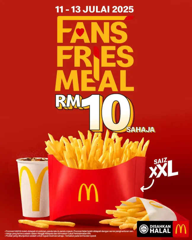 Affiche promotionnelle de McDonald’s Malaysia pour le Fan Fries Meal avec frites XXL et boisson