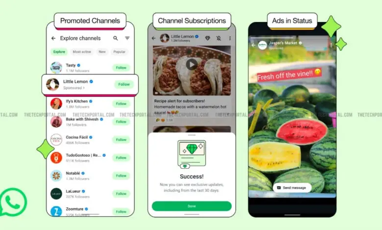 Nouvelle interface de l'onglet Mises à jour sur WhatsApp affichant une publicité native