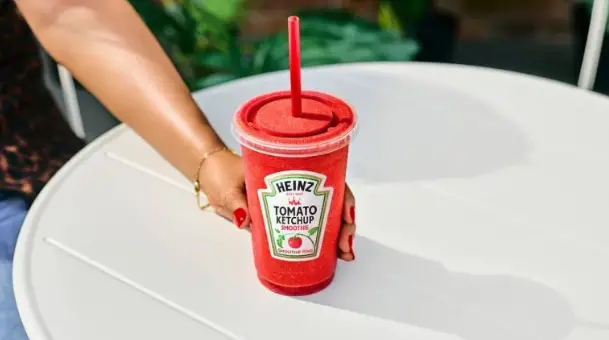 Gros plan du smoothie rouge avec fruits frais et ketchup