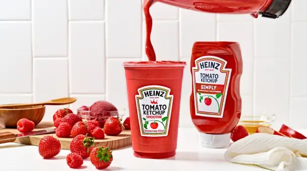 Gros plan du smoothie rouge avec fruits frais et ketchup