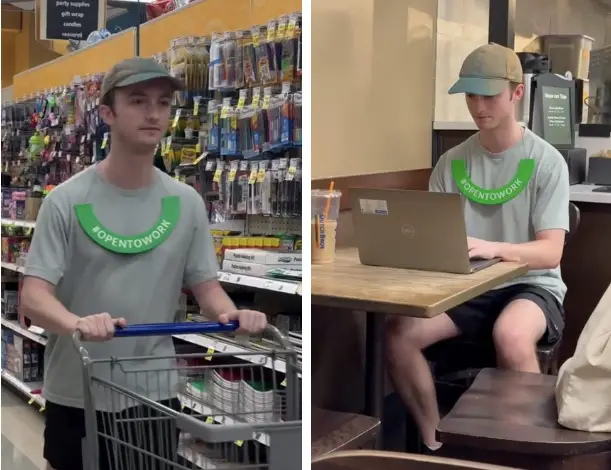 Personne portant le collier vert Open to Work dans un coworking