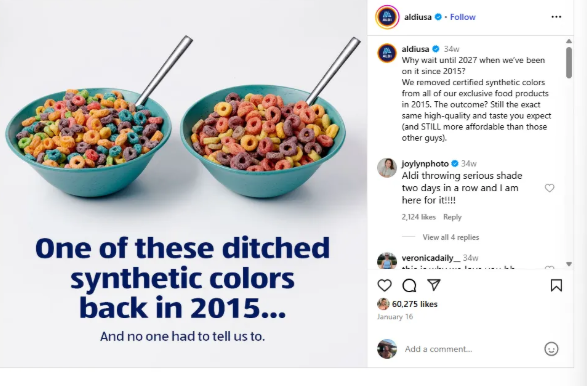 Publication Instagram d’Aldi sur l’interdiction des colorants Red No.3