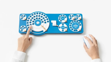 le Gboard Dial Version, clavier expérimental avec plusieurs cadrans rotatifs, vu de face