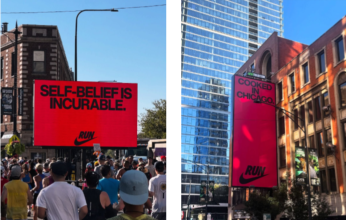 Panneau publicitaire Nike rouge le long du parcours du marathon de Chicago 2025