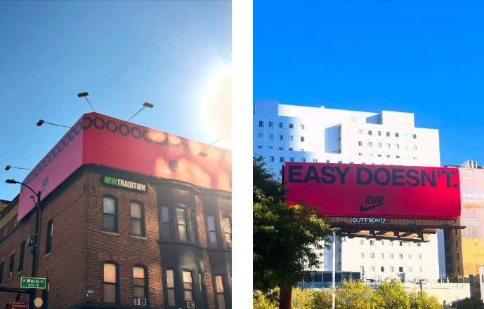 Panneau publicitaire Nike rouge le long du parcours du marathon de Chicago 2025